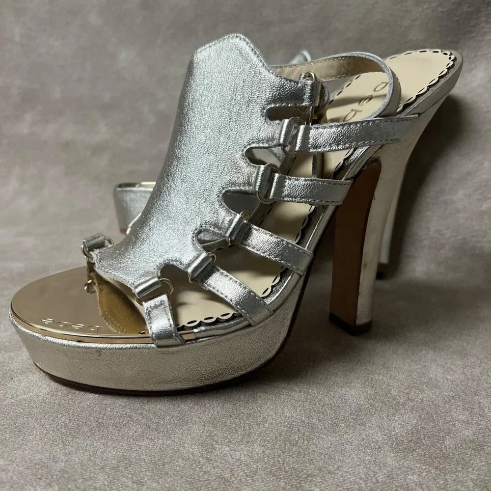 BEBE Naomi Gold Summer Real LEATHER Gladiator Caged Heel Shoes sz 8